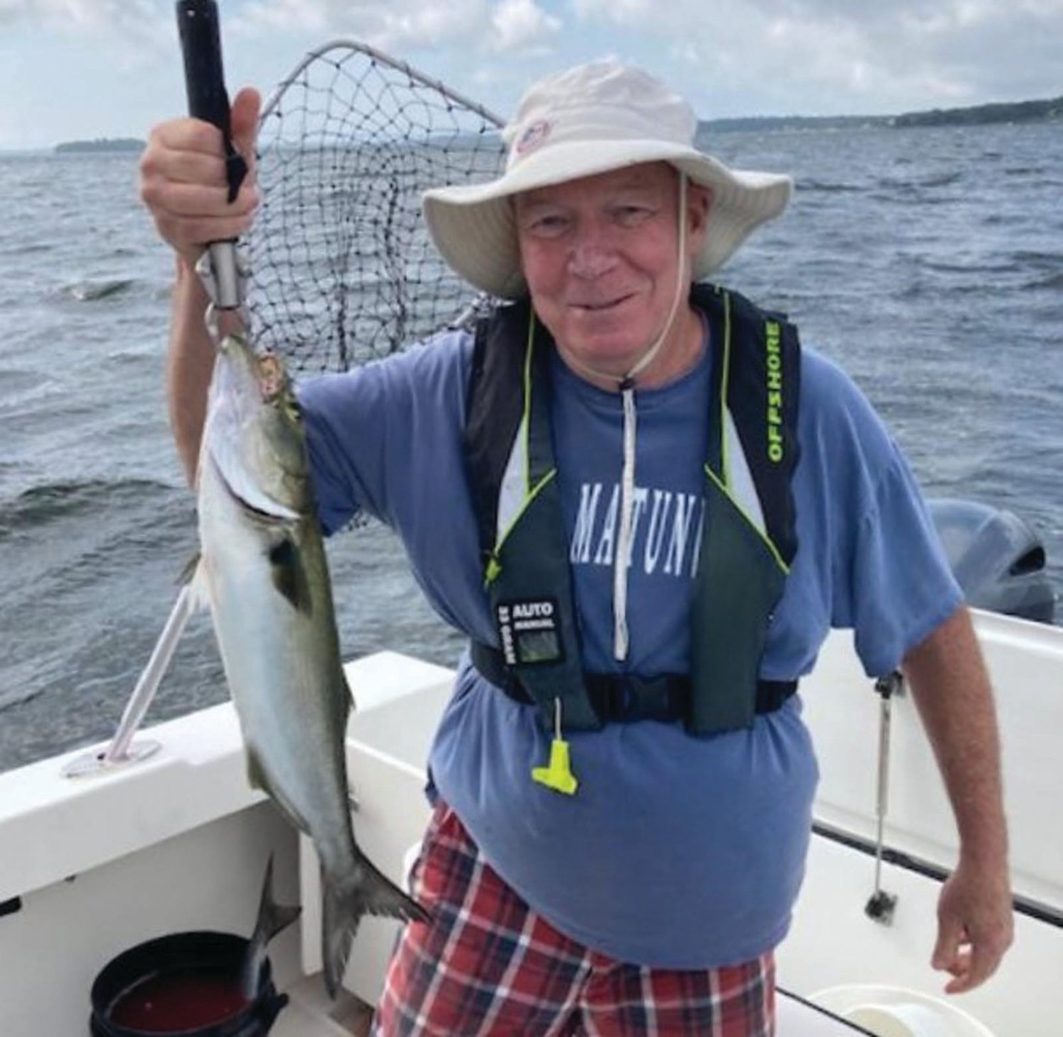FOON THE HOOK:  Paul Primiana of Cumberland with a Narragansett Bay bluefish he caught north of Gould Island Monday when bluefish blitzed on the surface.